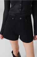 High-waisted denim shorts, comfortable and slimming