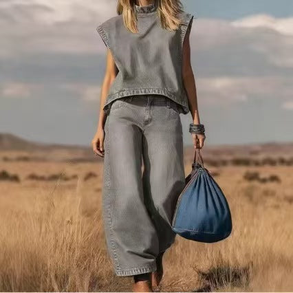 Denim vest top + loose denim pants