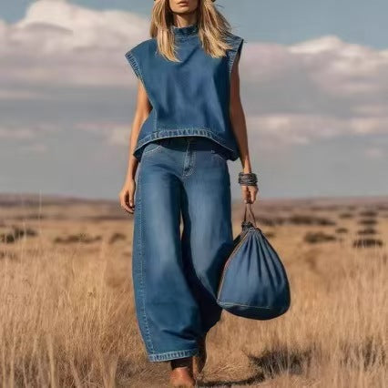 Denim vest top + loose denim pants