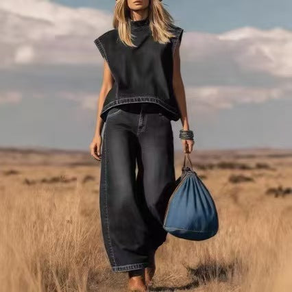 Denim vest top + loose denim pants