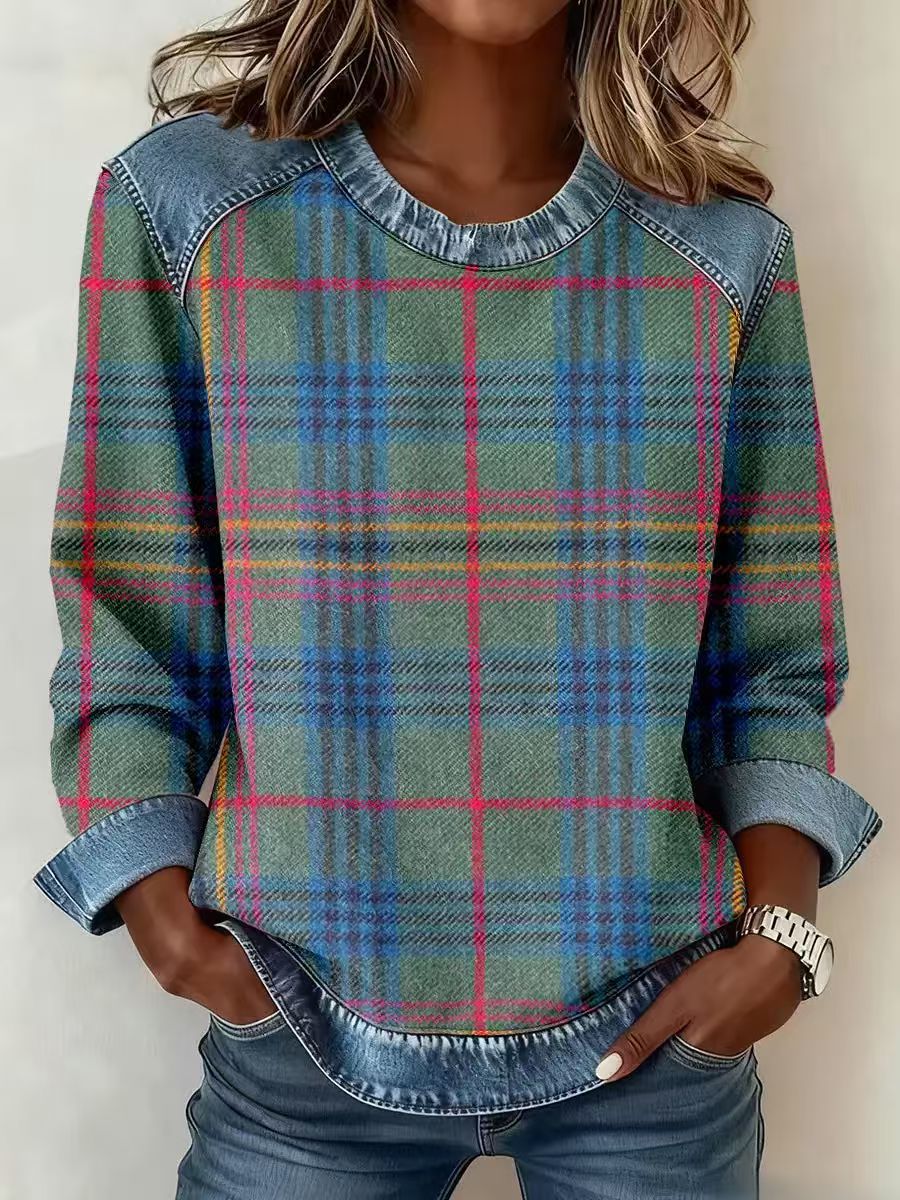 Plaid Patchwork Denim Crewneck Loose-Fit Women's Sweatshirt
