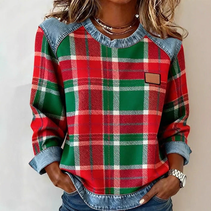 Plaid Patchwork Denim Crewneck Loose-Fit Women's Sweatshirt