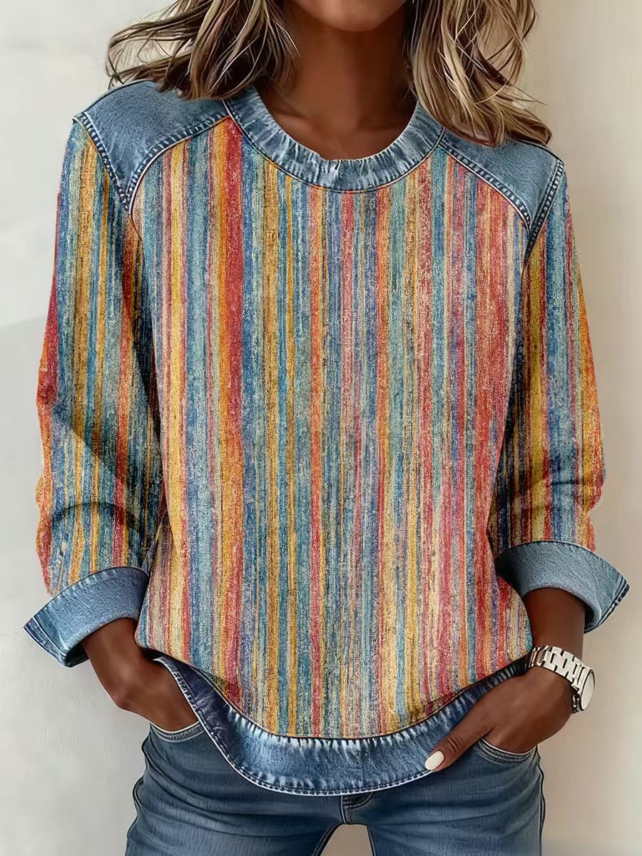 Plaid Patchwork Denim Crewneck Loose-Fit Women's Sweatshirt