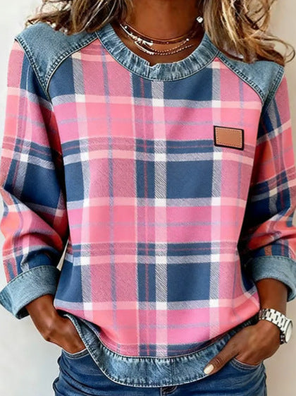 Plaid Patchwork Denim Crewneck Loose-Fit Women's Sweatshirt