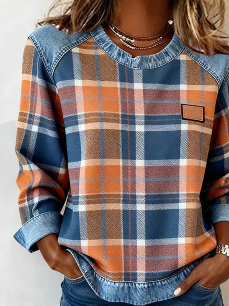 Plaid Patchwork Denim Crewneck Loose-Fit Women's Sweatshirt