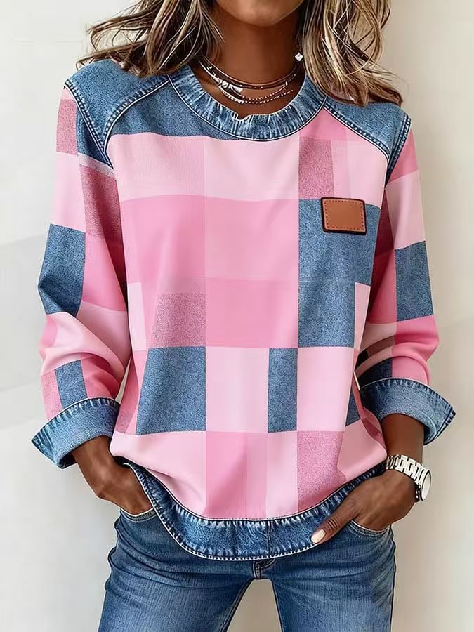 Plaid Patchwork Denim Crewneck Loose-Fit Women's Sweatshirt