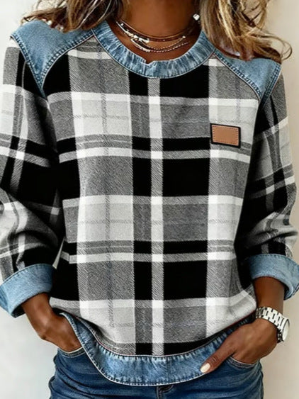 Plaid Patchwork Denim Crewneck Loose-Fit Women's Sweatshirt
