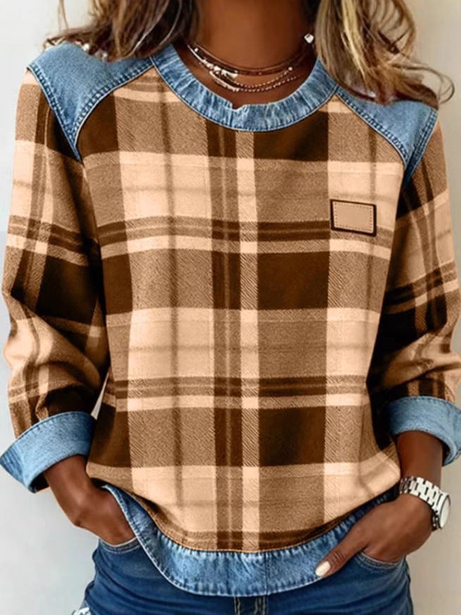 Plaid Patchwork Denim Crewneck Loose-Fit Women's Sweatshirt
