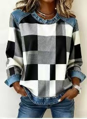 Plaid Patchwork Denim Crewneck Loose-Fit Women's Sweatshirt