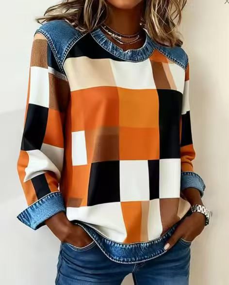 Plaid Patchwork Denim Crewneck Loose-Fit Women's Sweatshirt