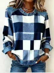 Plaid Patchwork Denim Crewneck Loose-Fit Women's Sweatshirt