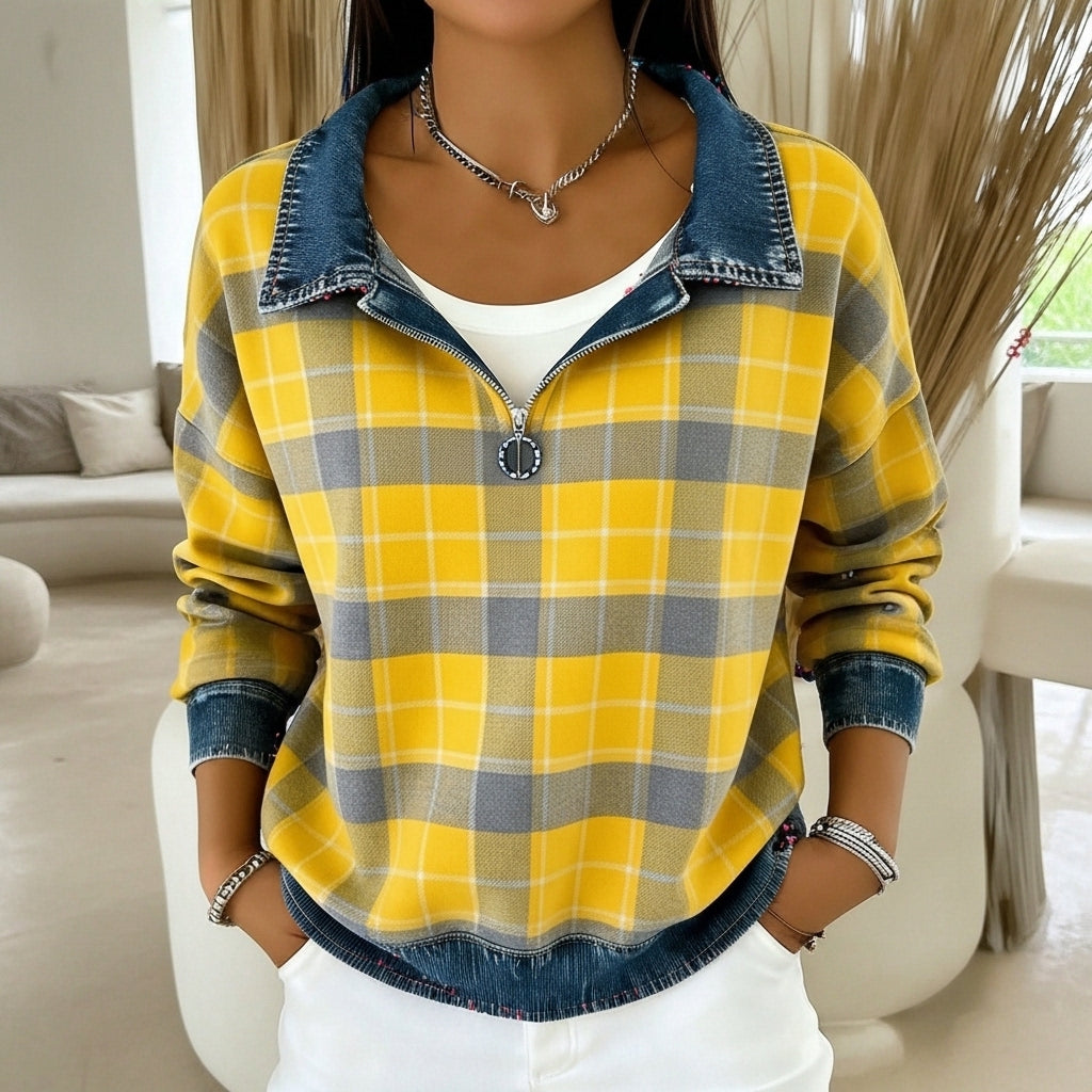 Plaid Spliced Denim Lapel Jacket Cardigan Top