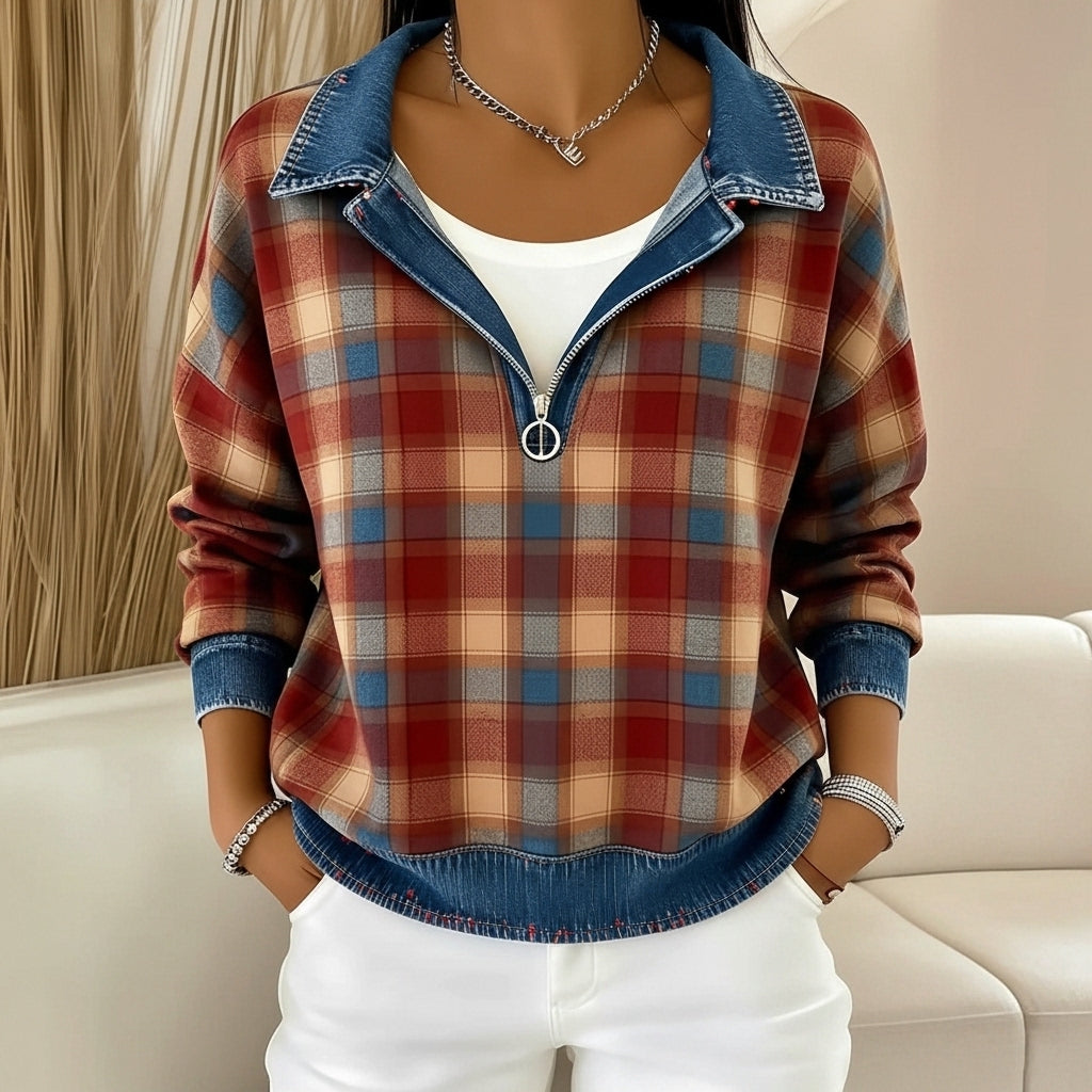 Plaid Spliced Denim Lapel Jacket Cardigan Top