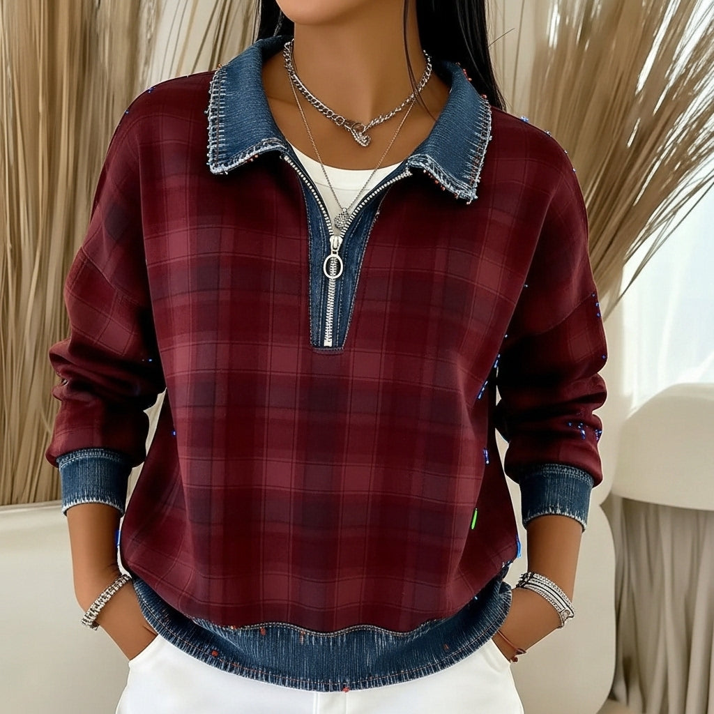 Plaid Spliced Denim Lapel Jacket Cardigan Top