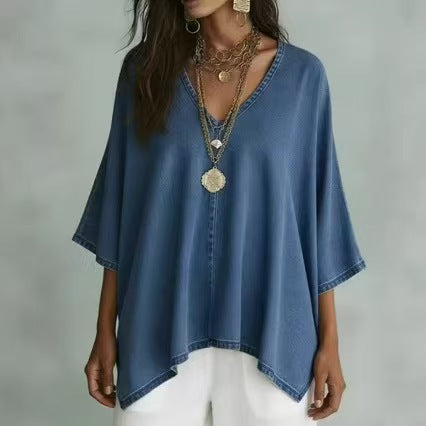 Cowboy T-shirt long sleeve loose V-neck casual style