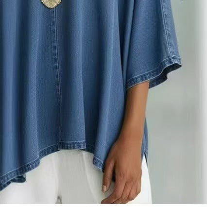 Cowboy T-shirt long sleeve loose V-neck casual style