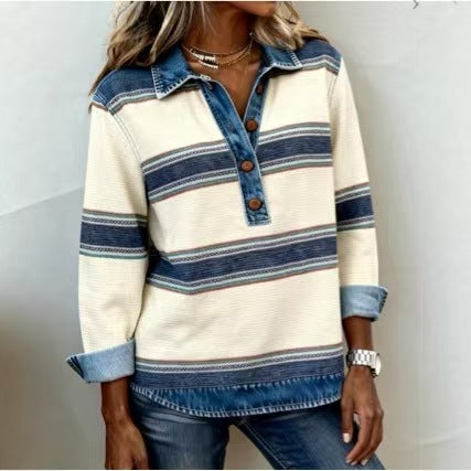 Striped denim lapel knit sweater