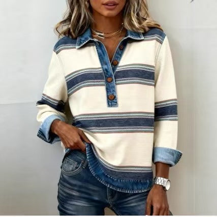 Striped denim lapel knit sweater