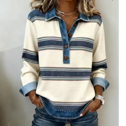 Striped denim lapel knit sweater