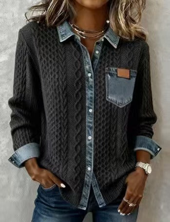 Knitted Patchwork Denim Cardigan Long Sleeve Jacket