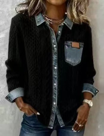 Knitted Patchwork Denim Cardigan Long Sleeve Jacket