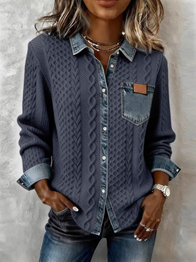 Knitted Patchwork Denim Cardigan Long Sleeve Jacket
