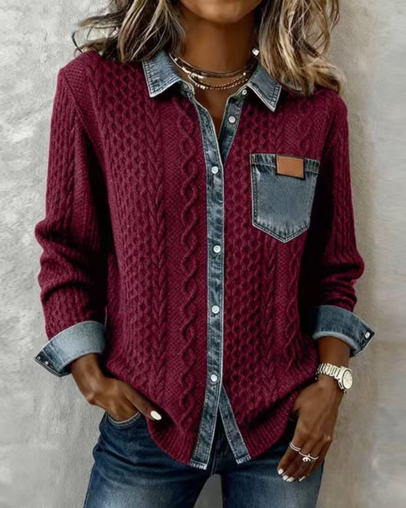 Knitted Patchwork Denim Cardigan Long Sleeve Jacket