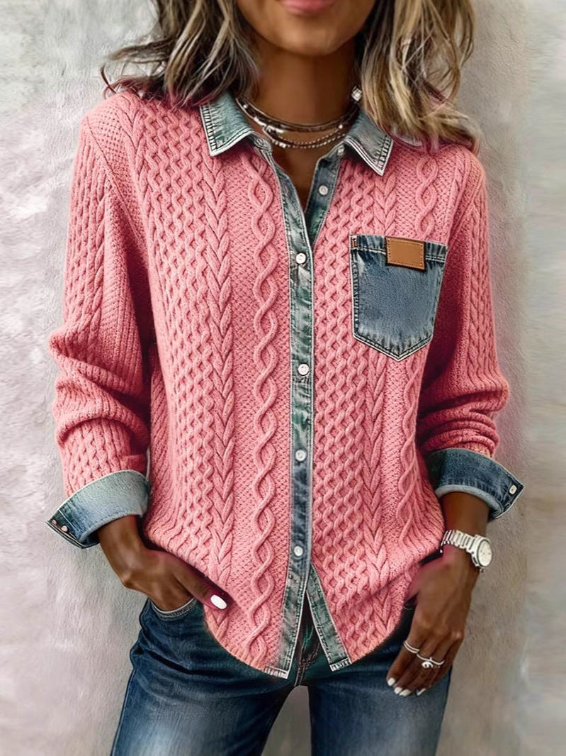 Knitted Patchwork Denim Cardigan Long Sleeve Jacket
