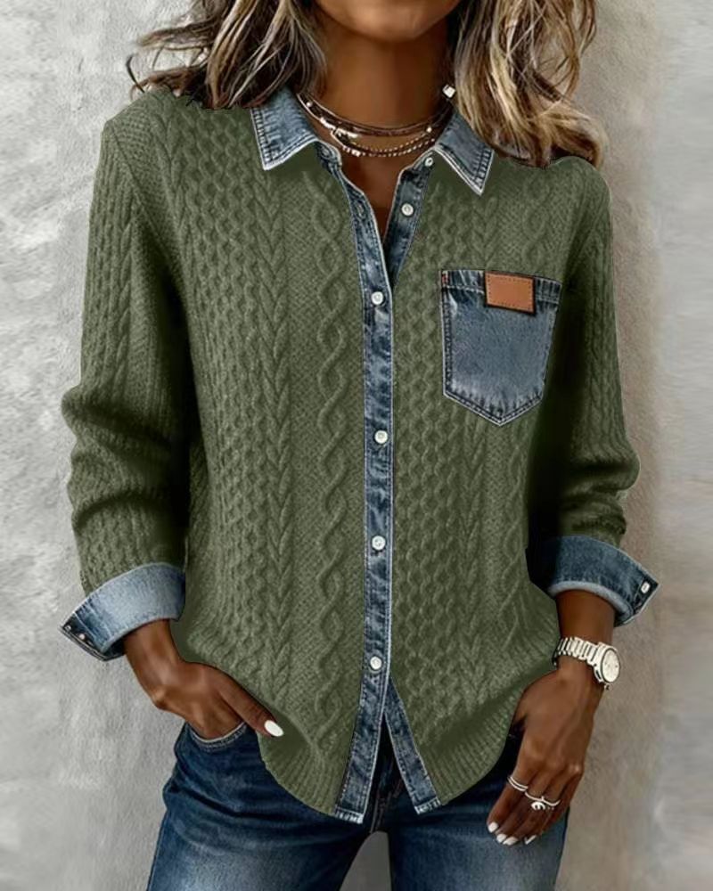 Knitted Patchwork Denim Cardigan Long Sleeve Jacket