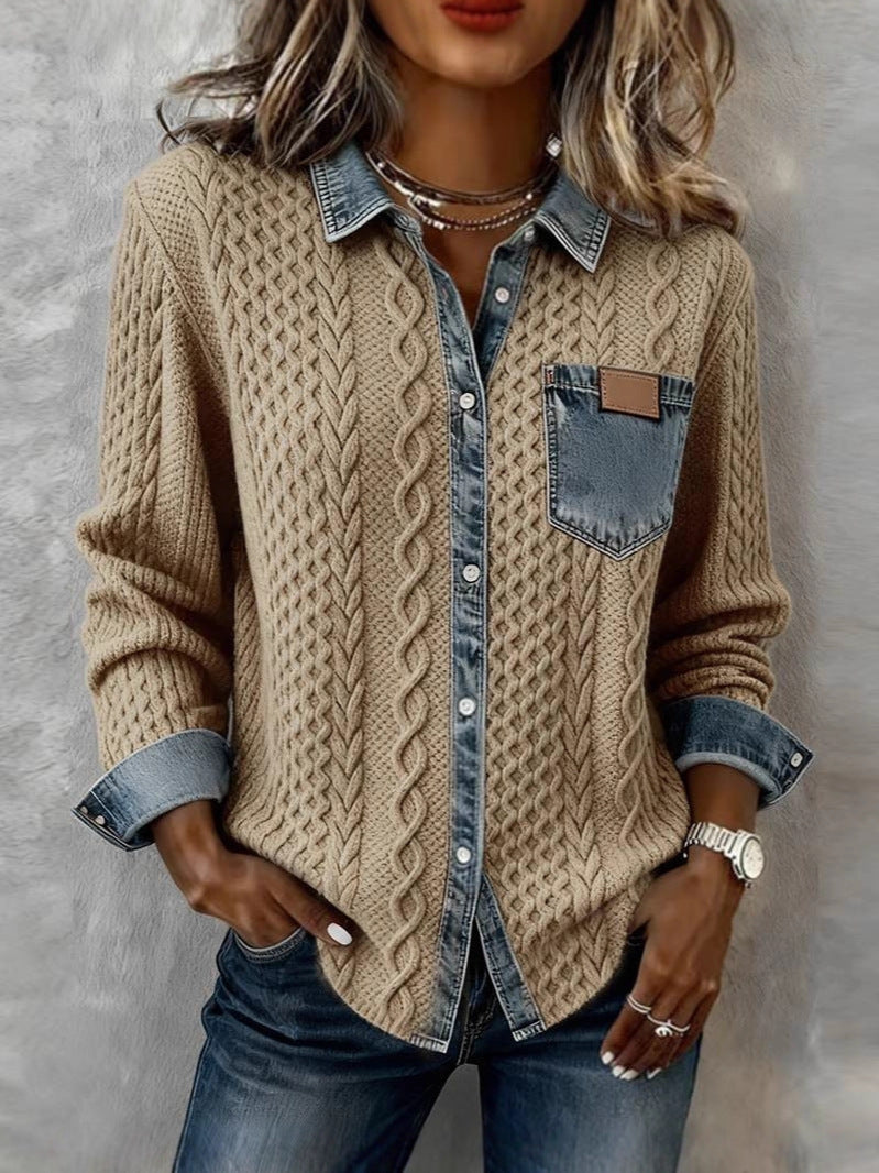 Knitted Patchwork Denim Cardigan Long Sleeve Jacket