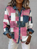 Creative Color-Block Turn-Down Collar Denim Shirt