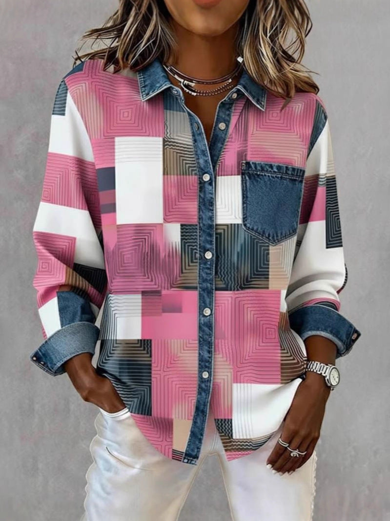 Creative Color-Block Turn-Down Collar Denim Shirt