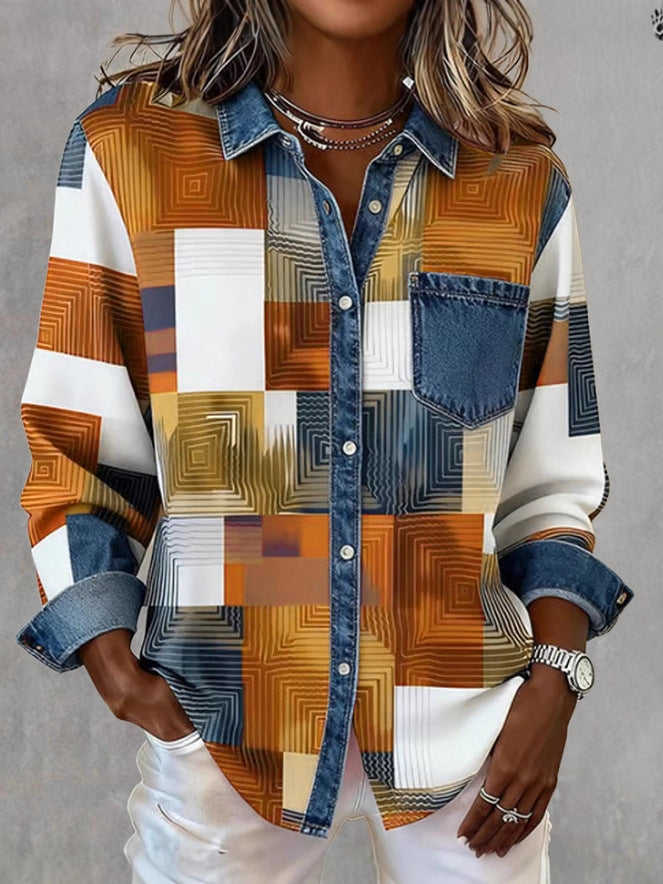 Creative Color-Block Turn-Down Collar Denim Shirt
