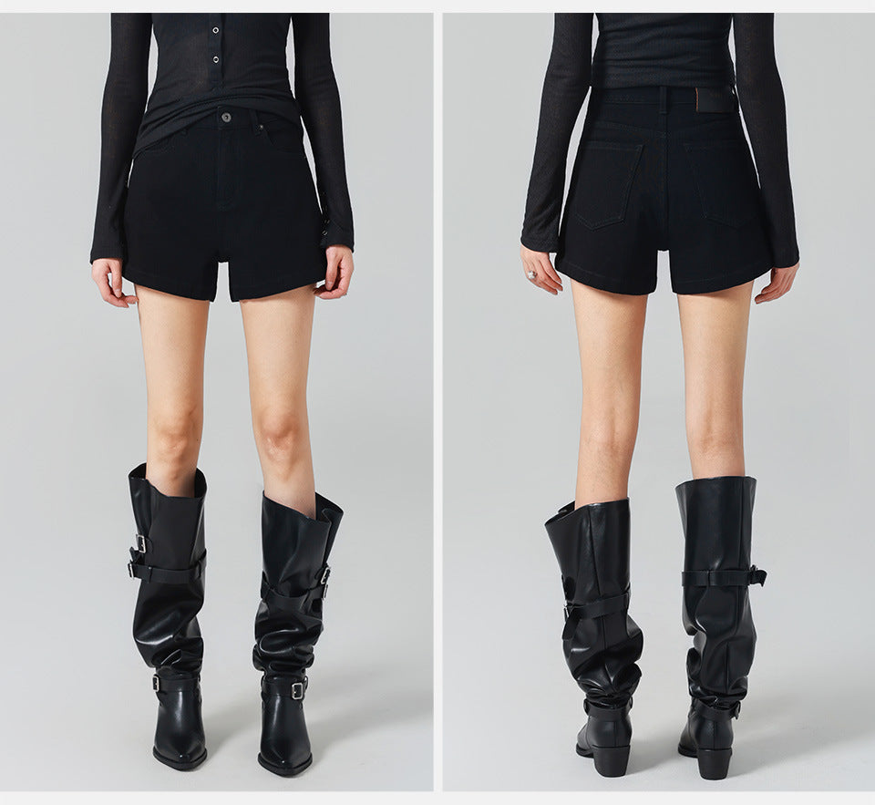 High-waisted denim shorts, comfortable and slimming