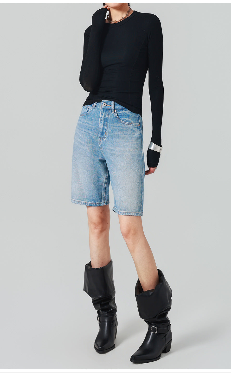 High-waist jeans, women's straight-leg 5-point pants