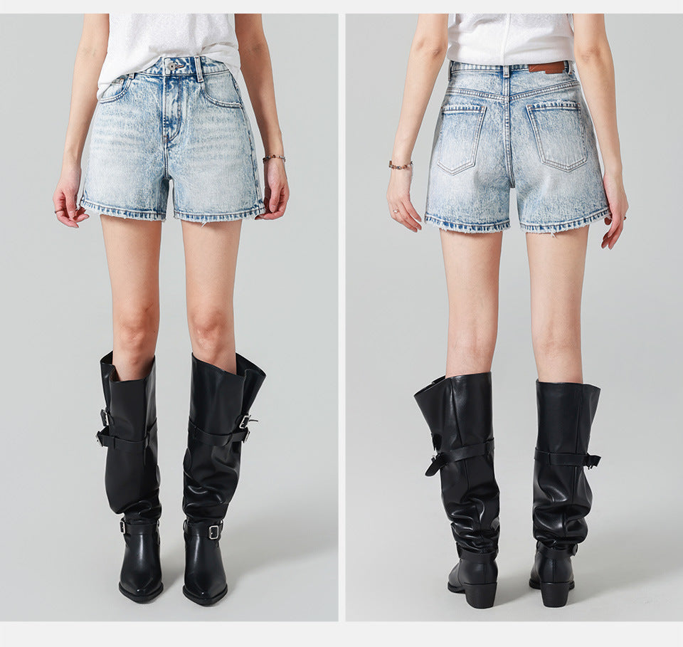 Vintage washed high-waist jeans, women's straight-leg shorts