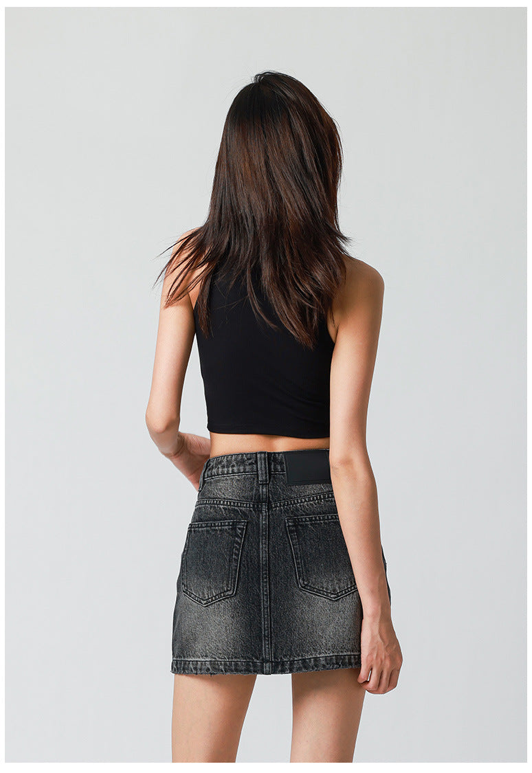 High-waisted pencil denim mini skirt