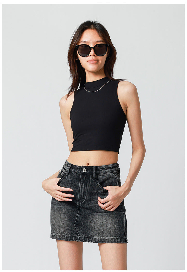 High-waisted pencil denim mini skirt