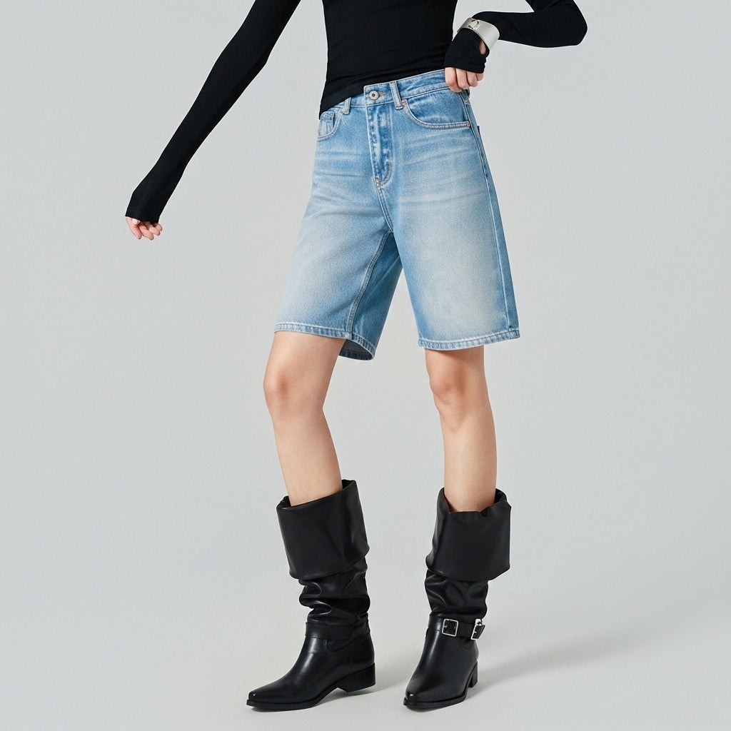 High-waist jeans, women's straight-leg 5-point pants